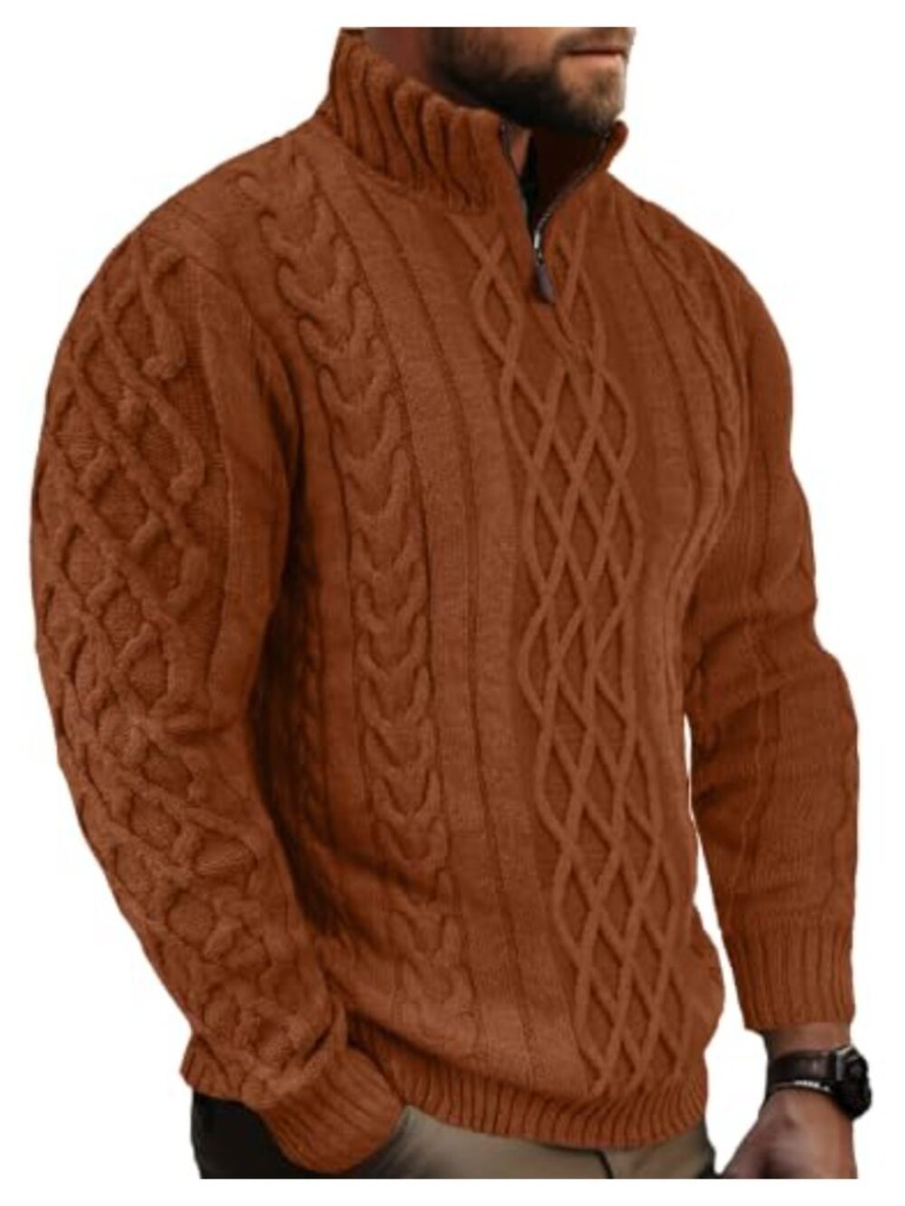 Men's Long Sleeve Quarter Zip Cable Knit Sweater Mock Neck Pullover